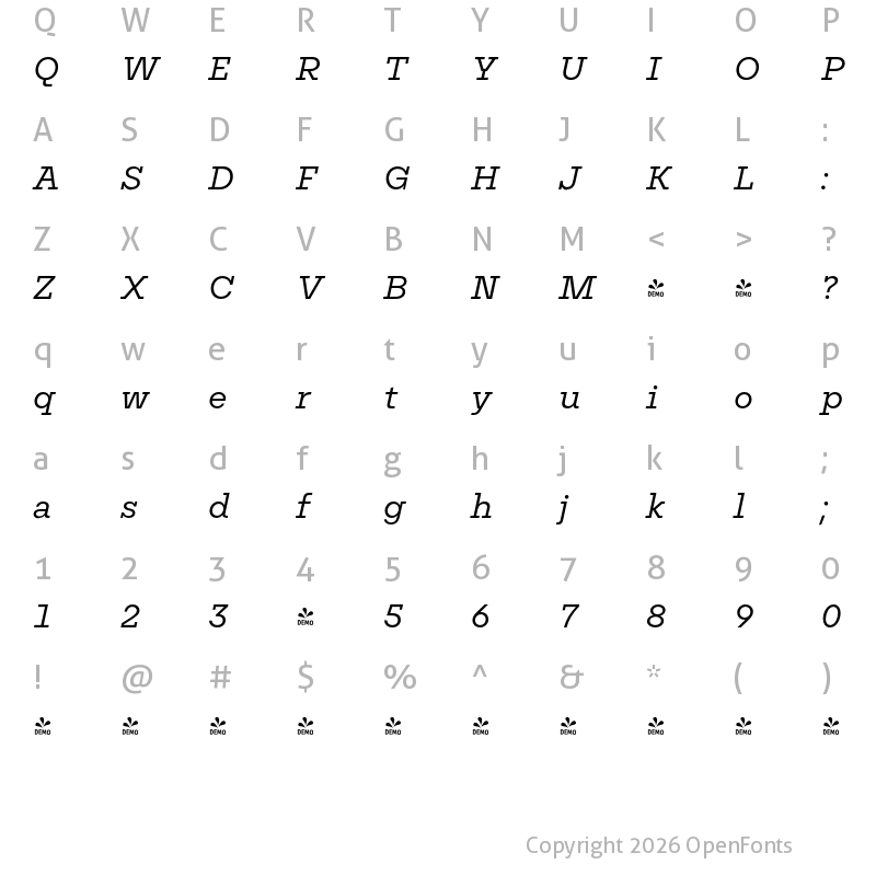 Character Map of FONTSPRING DEMO - Nomos Slab Italic