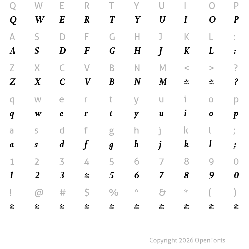 Character Map of FONTSPRING DEMO - Non Solus Bold Italic