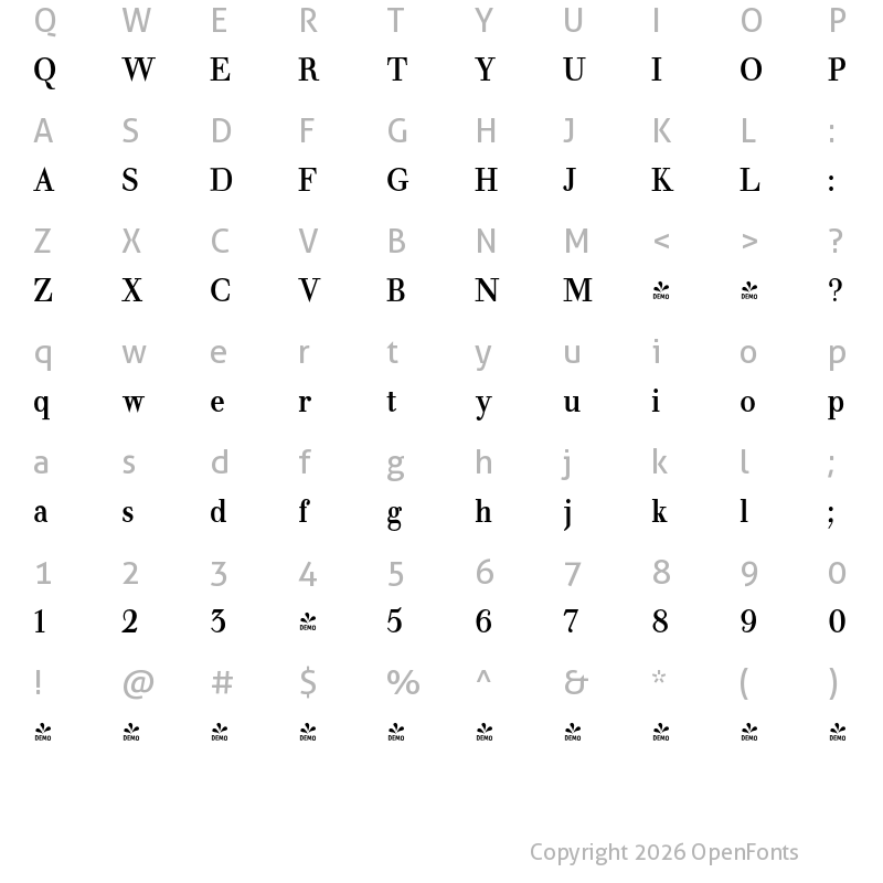 Character Map of FONTSPRING DEMO - NoraPen Roman Condensed Roman Condensed