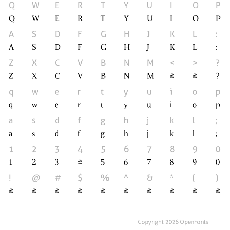 Character Map of FONTSPRING DEMO - Nosta Rg Regular