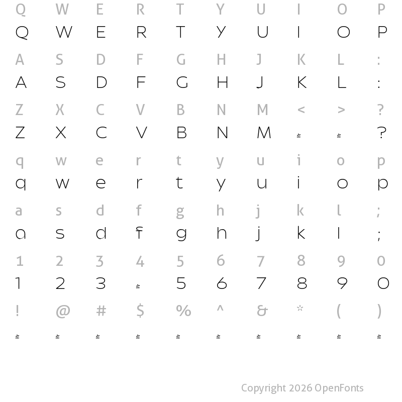 Character Map of FONTSPRING DEMO - Nova Klasse Thin Regular