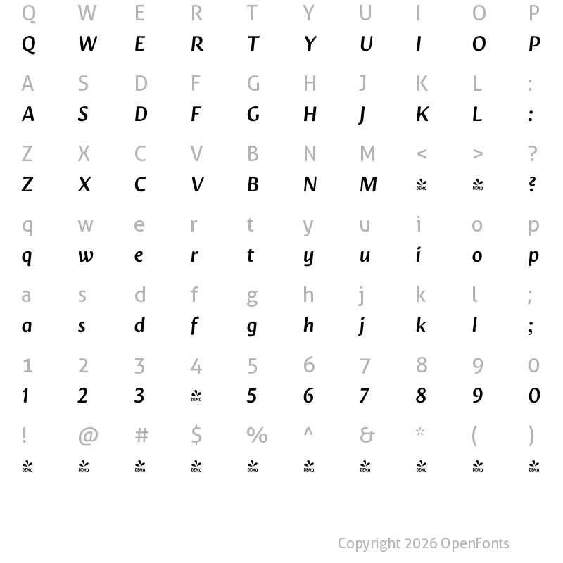 Character Map of FONTSPRING DEMO - Novaletra Sans CF Demi Bold Italic