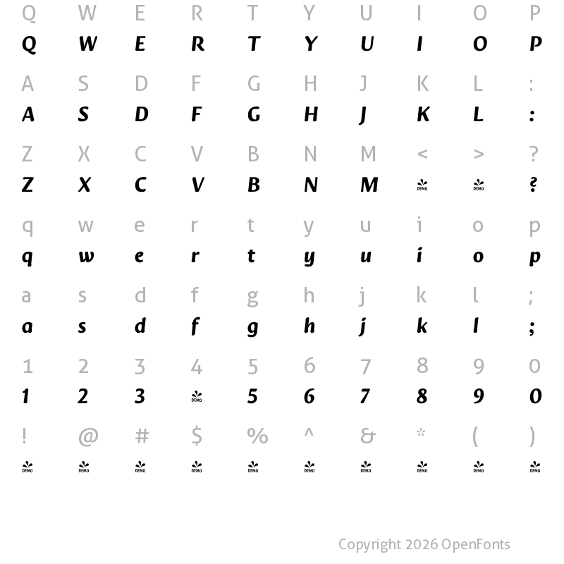 Character Map of FONTSPRING DEMO - Novaletra Sans CF Heavy Italic