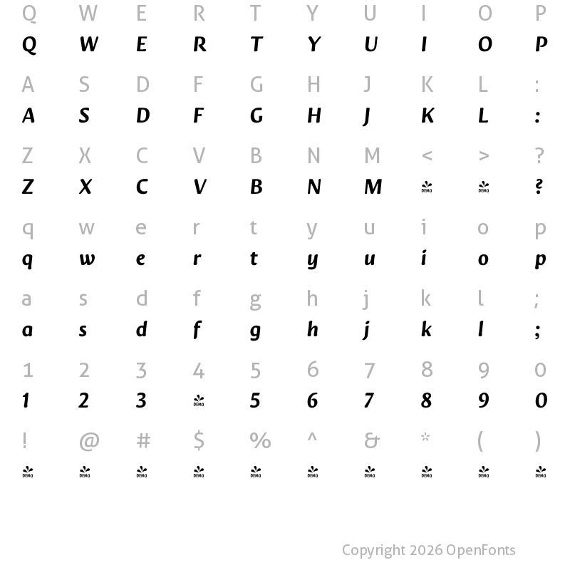 Character Map of FONTSPRING DEMO - Novaletra Sans CF Medium Bold Italic