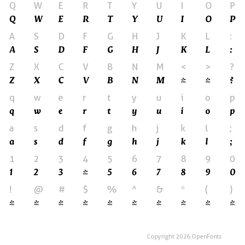 Character Map of FONTSPRING DEMO - Novaletra Serif CF Ext Bold Italic