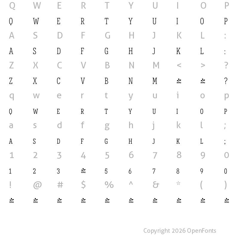 Character Map of FONTSPRING DEMO - Novecento SR Cond Book Regular