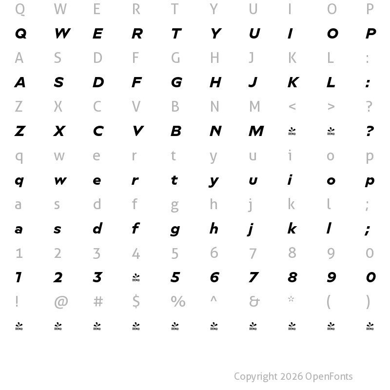 Character Map of FONTSPRING DEMO - Novera Modern ExtraBold Italic