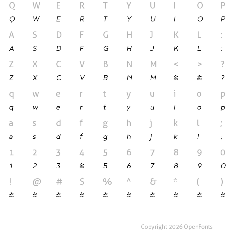 Character Map of FONTSPRING DEMO - Noyh Geometric SemiLight Italic