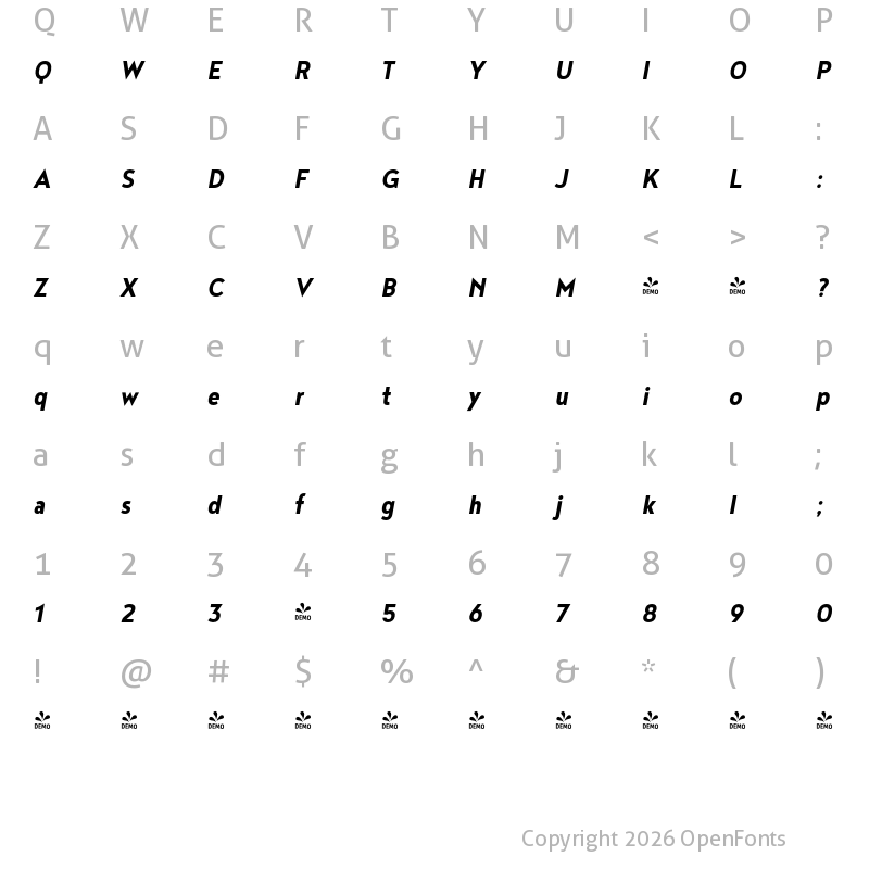 Character Map of FONTSPRING DEMO - Noyh Geometric Slim Bold Italic