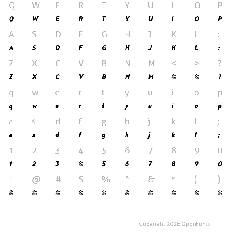 Character Map of FONTSPRING DEMO - Noyh Geometric Slim Heavy Italic
