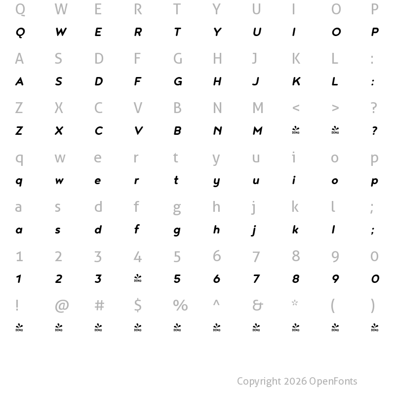 Character Map of FONTSPRING DEMO - Noyh R Bold Italic