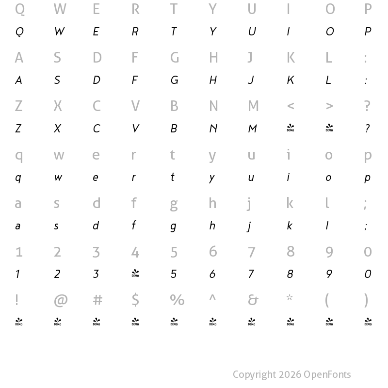 Character Map of FONTSPRING DEMO - Noyh Slim SemLt Bold Italic