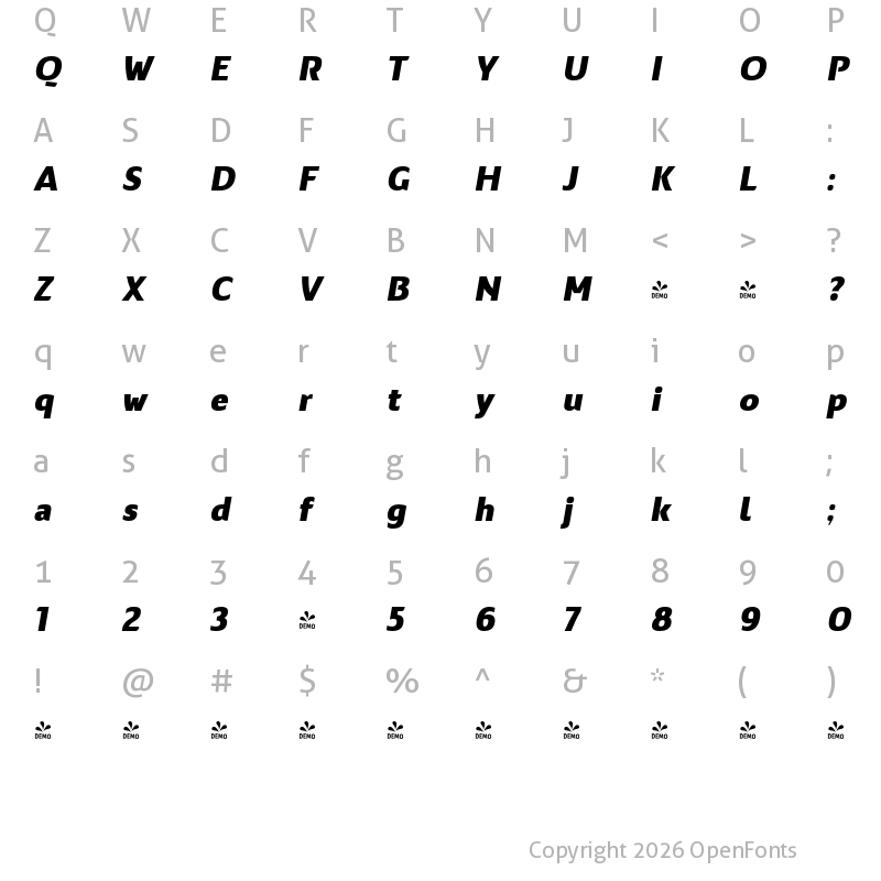 Character Map of FONTSPRING DEMO - Nula ExtraBold Italic Regular