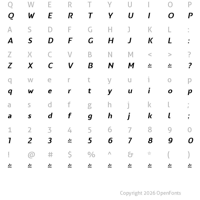 Character Map of FONTSPRING DEMO - Nula Medium Italic Regular