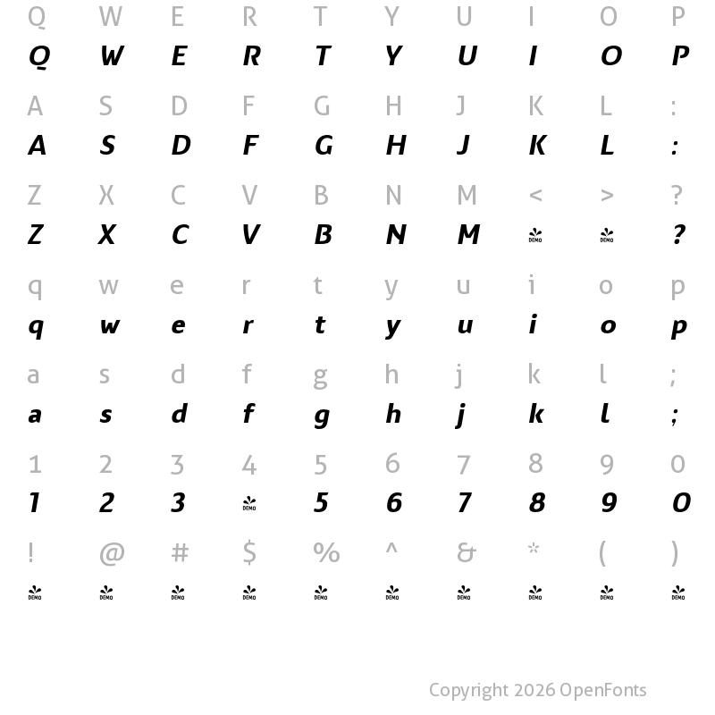 Character Map of FONTSPRING DEMO - Nula SemiBold Italic Regular