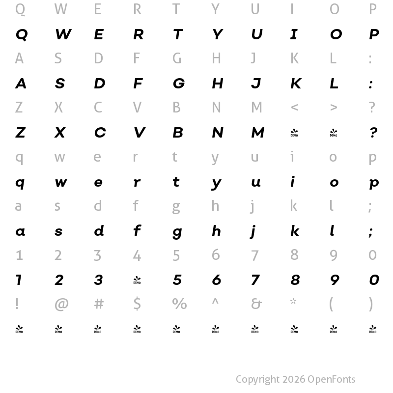 Character Map of FONTSPRING DEMO - Nutmeg Bold Italic Regular
