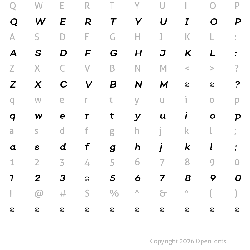 Character Map of FONTSPRING DEMO - Nutmeg Italic Regular