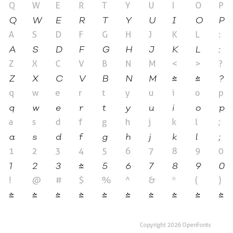 Character Map of FONTSPRING DEMO - Nutmeg Light Italic Regular