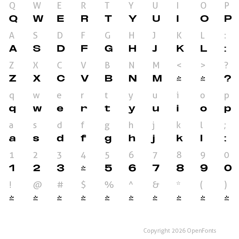 Character Map of FONTSPRING DEMO - Oddlini Ex Bold Ultra Expanded Regular