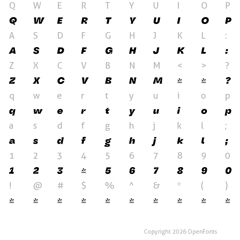 Character Map of FONTSPRING DEMO - Oddval ExtraBold Italic