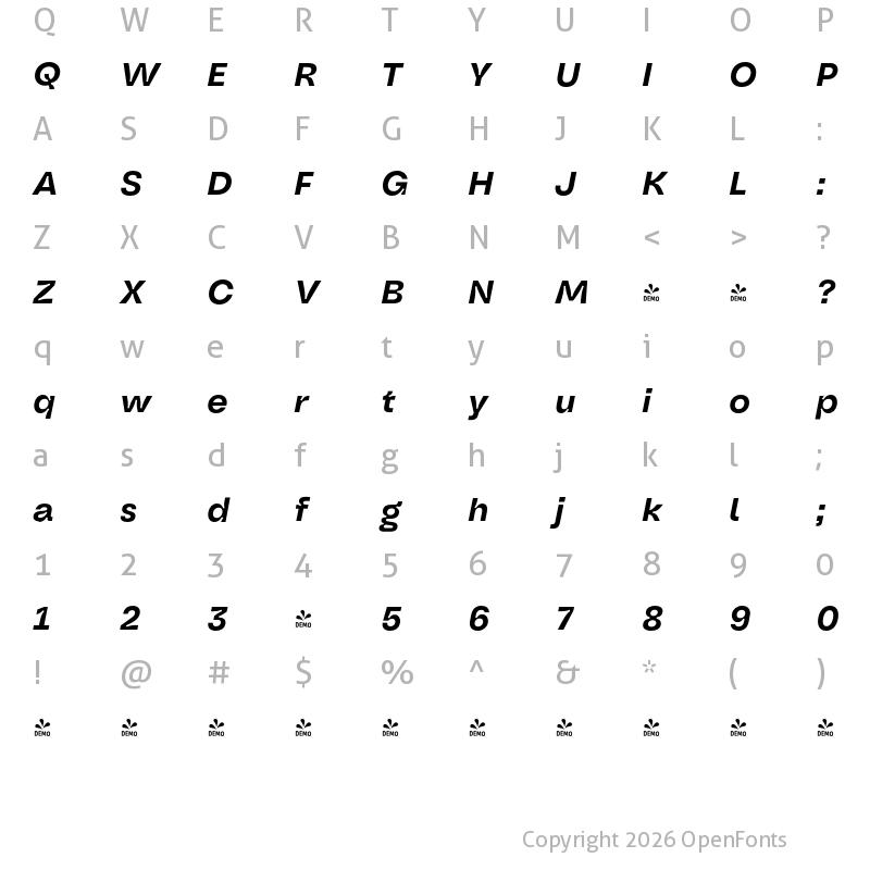 Character Map of FONTSPRING DEMO - Oddval Semibold Italic