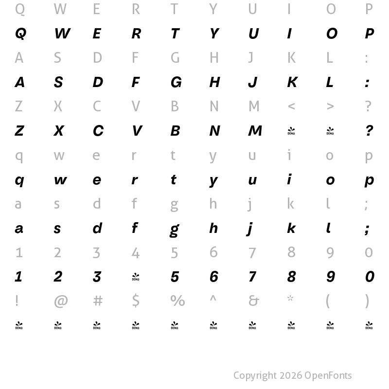 Character Map of FONTSPRING DEMO - Oddval Text Semibold Italic