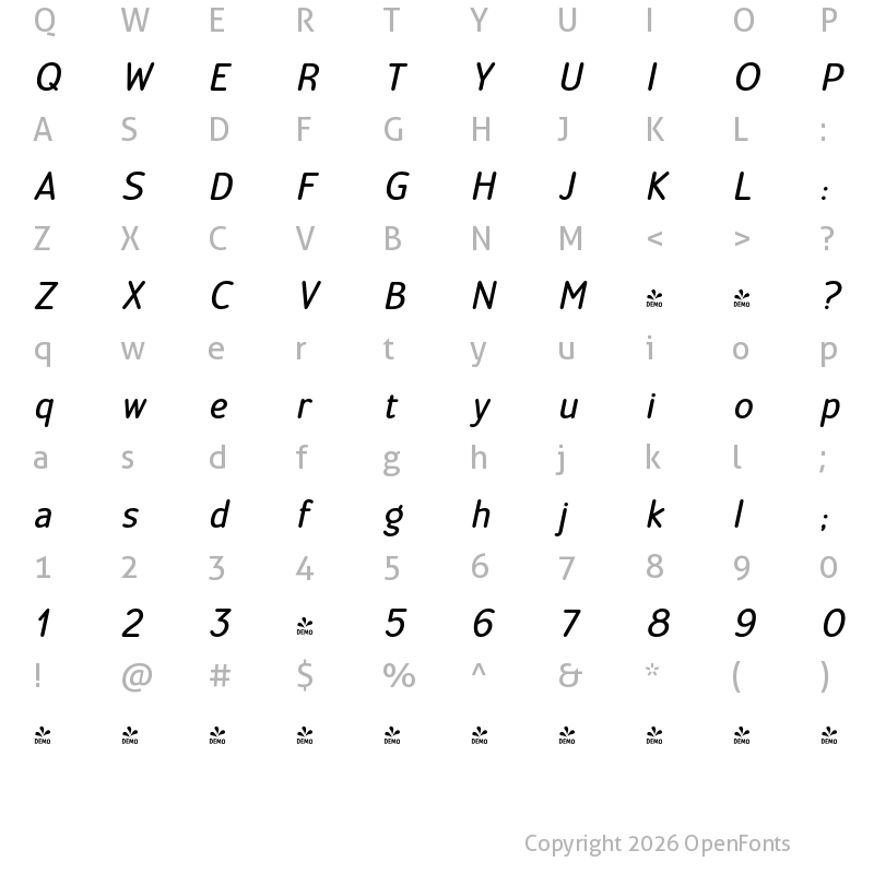 Character Map of FONTSPRING DEMO - Official Bold Italic