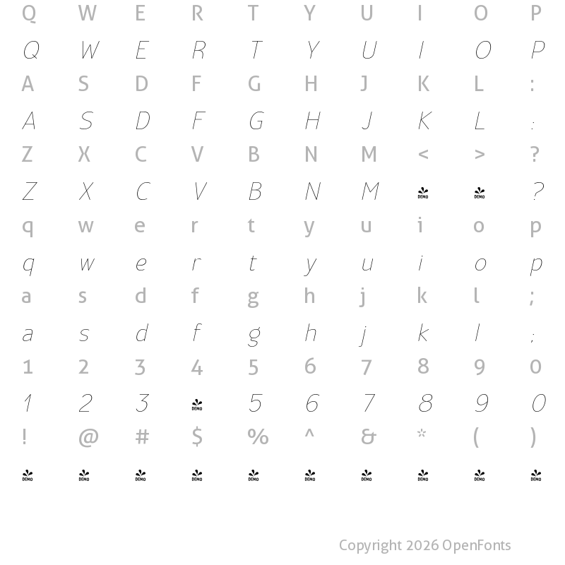 Character Map of FONTSPRING DEMO - Official Hairline Italic