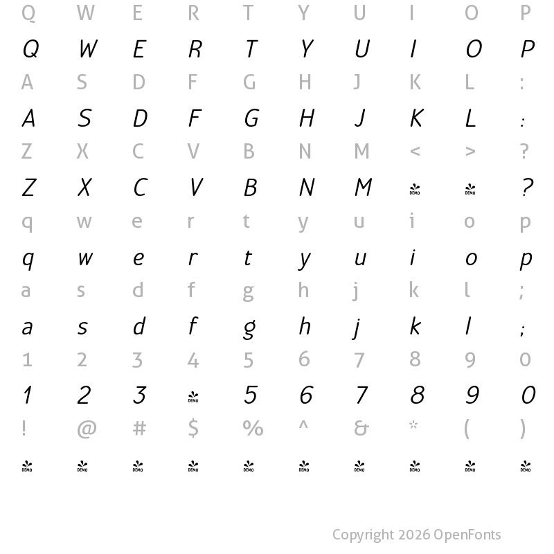 Character Map of FONTSPRING DEMO - Official Italic