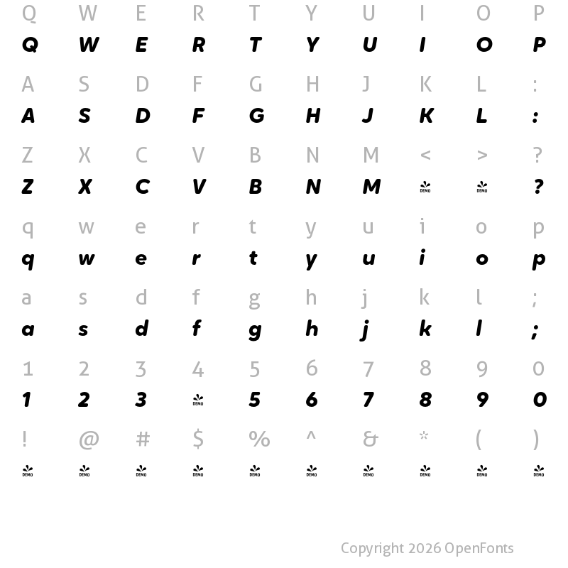 Character Map of FONTSPRING DEMO - Oktah Round Bold Italic