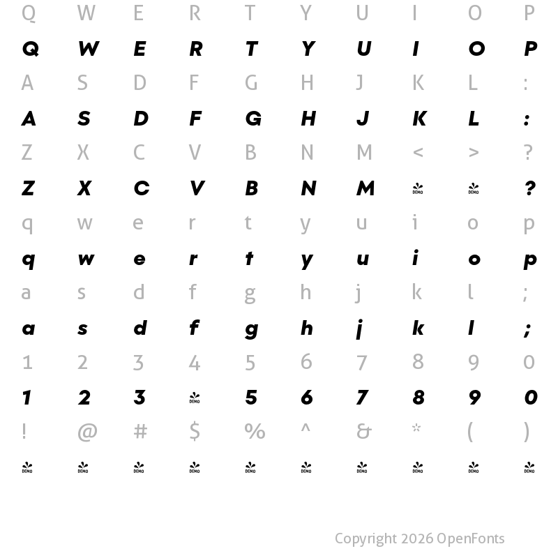 Character Map of FONTSPRING DEMO - Olyford Black Italic