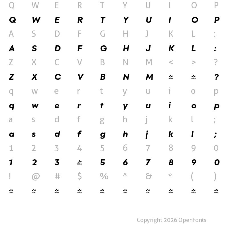 Character Map of FONTSPRING DEMO - Olyford ExtBd Italic