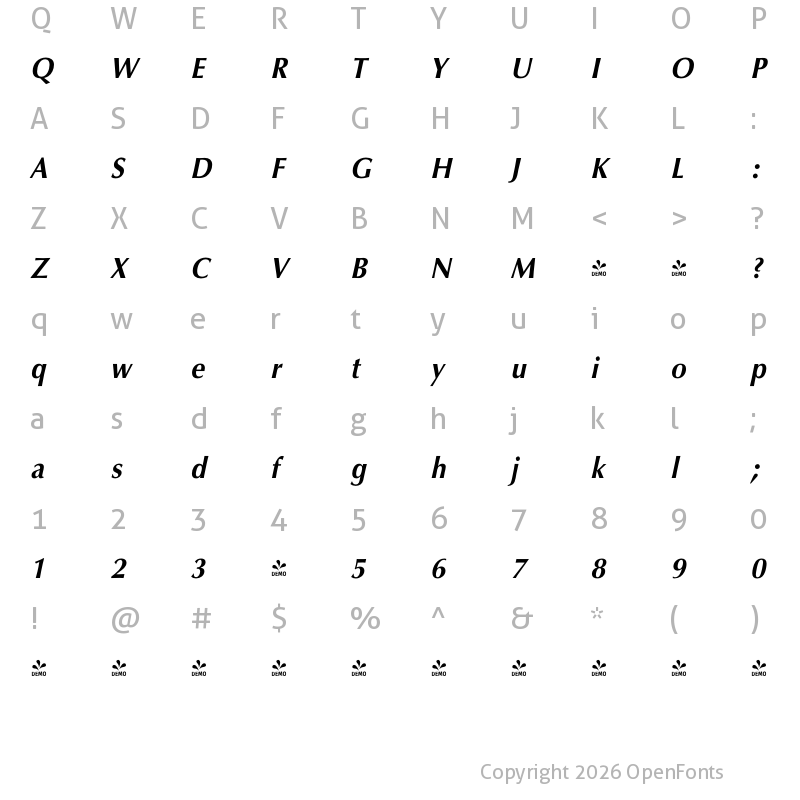 Character Map of FONTSPRING DEMO - Opal Bulgarian Bold Italic