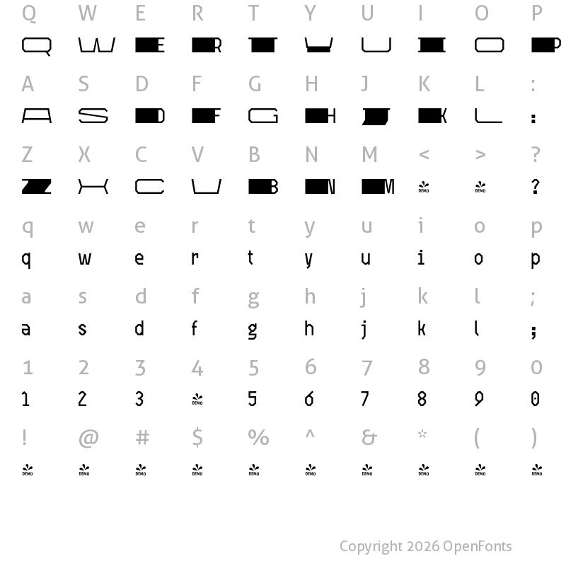 Character Map of FONTSPRING DEMO - Open TECH Neue Sans Serif Bold Italic