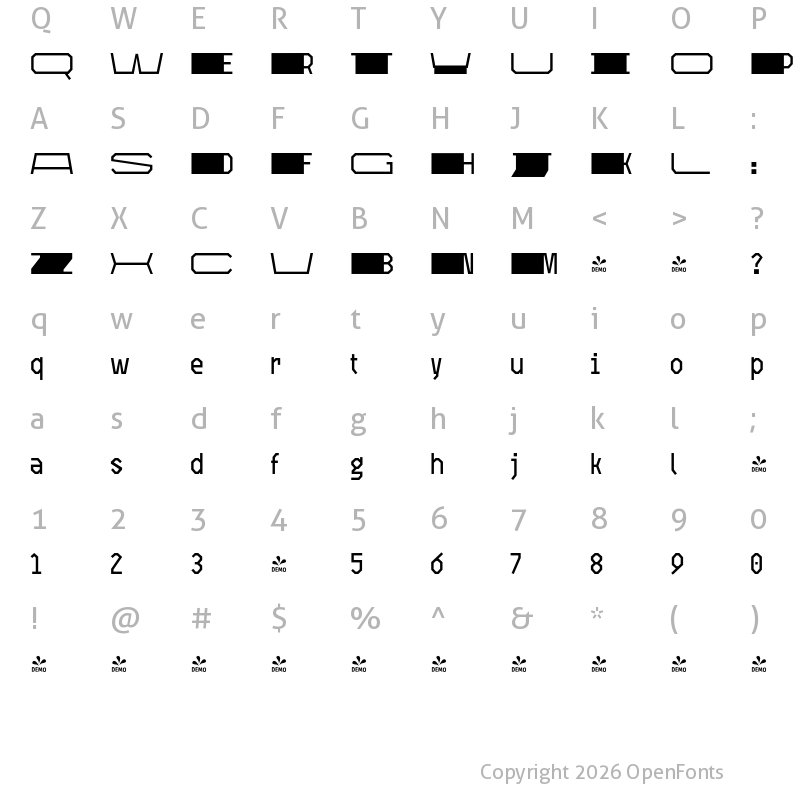 Character Map of FONTSPRING DEMO - Open TECH Neue Sans SerifDEMO Bold Italic