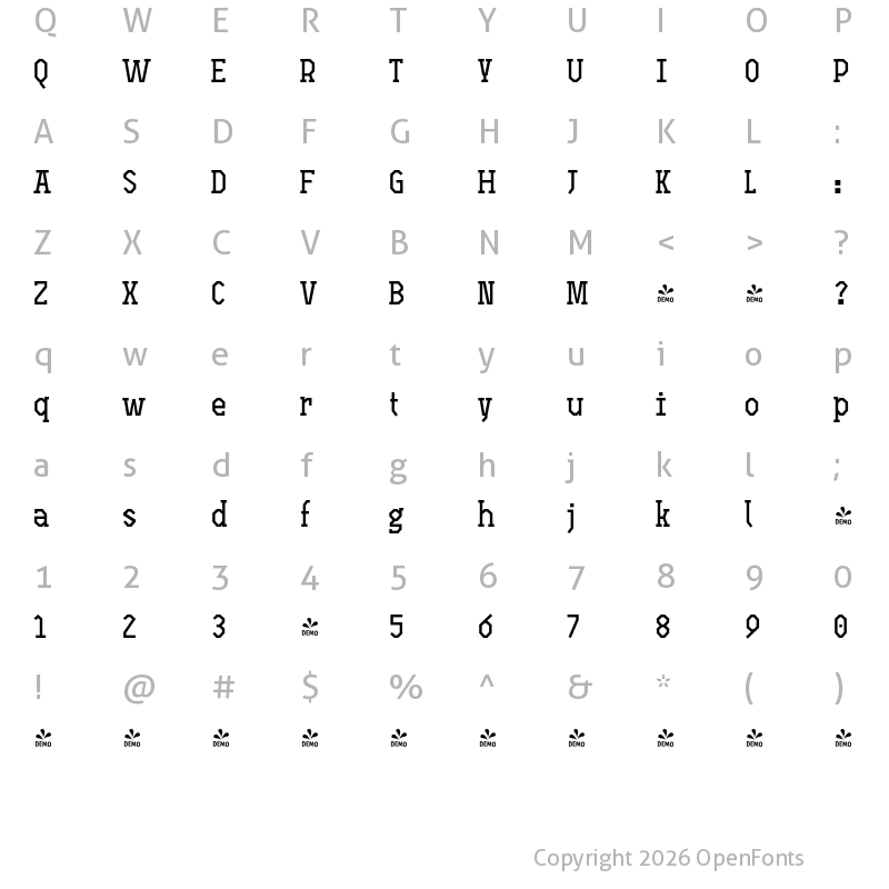 Character Map of FONTSPRING DEMO - Open TECH Neue Sans SerifDEMO Italic
