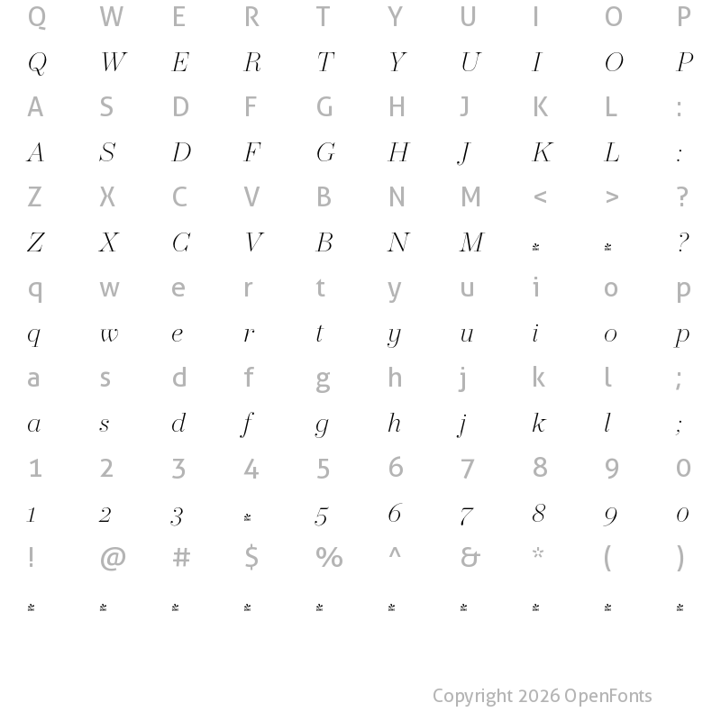 Character Map of FONTSPRING DEMO - Operetta 18 Extra Light Italic
