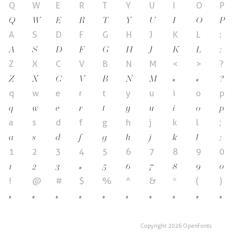Character Map of FONTSPRING DEMO - Operetta 32 Extra Light Italic