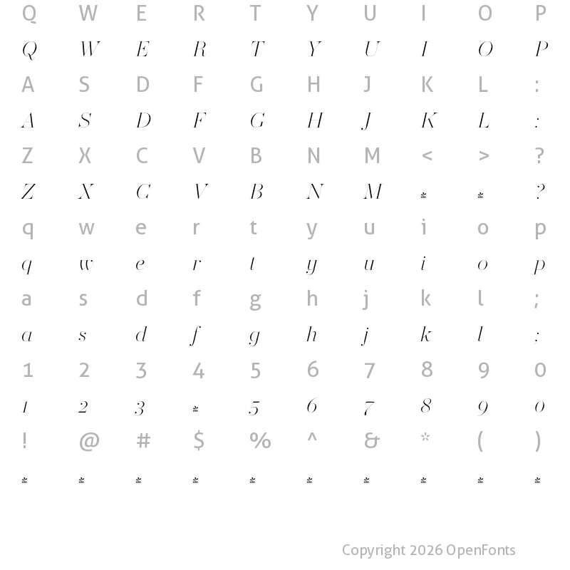 Character Map of FONTSPRING DEMO - Operetta 52 Extra Light Italic