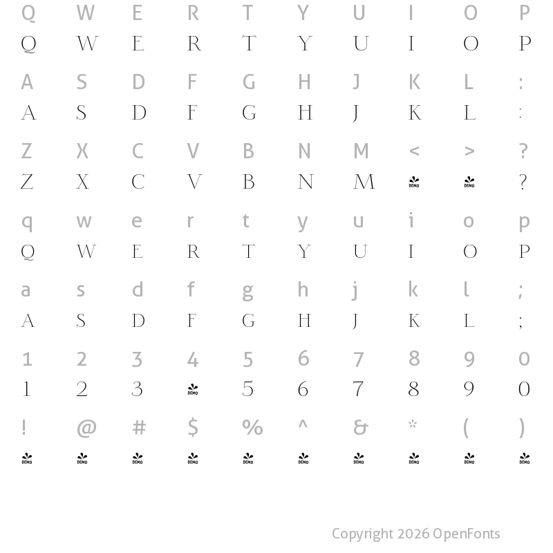 Character Map of FONTSPRING DEMO - Opheline ExtLt Regular