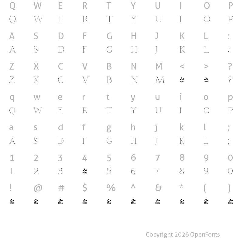Character Map of FONTSPRING DEMO - Opheline Thin Regular