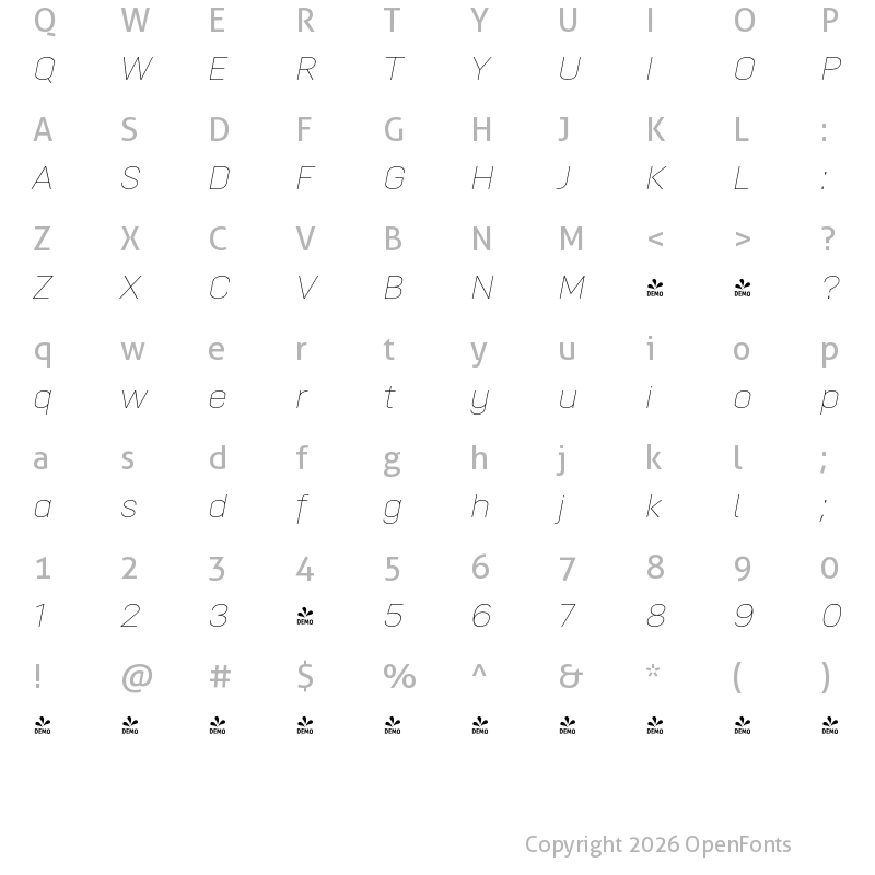Character Map of FONTSPRING DEMO - Opinion Pro Ex Th Italic