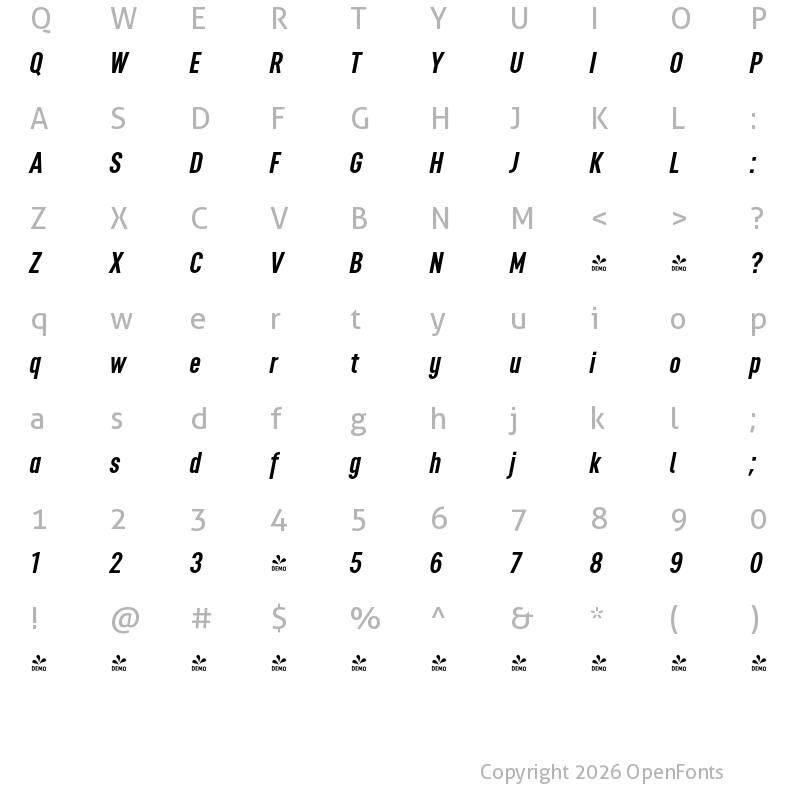 Character Map of FONTSPRING DEMO - Opinion Pro ExCn Bold Italic