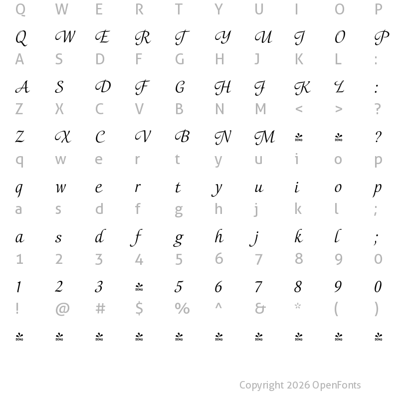 Character Map of FONTSPRING DEMO - Orbi Calligraphic Three Regular