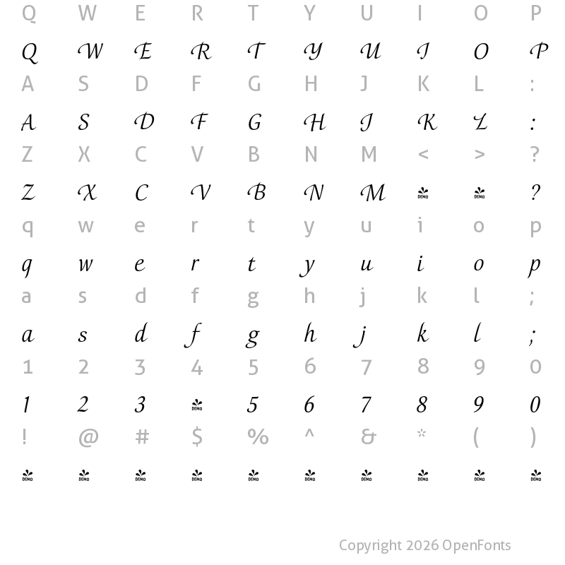 Character Map of FONTSPRING DEMO - Orbi Calligraphic Two Regular