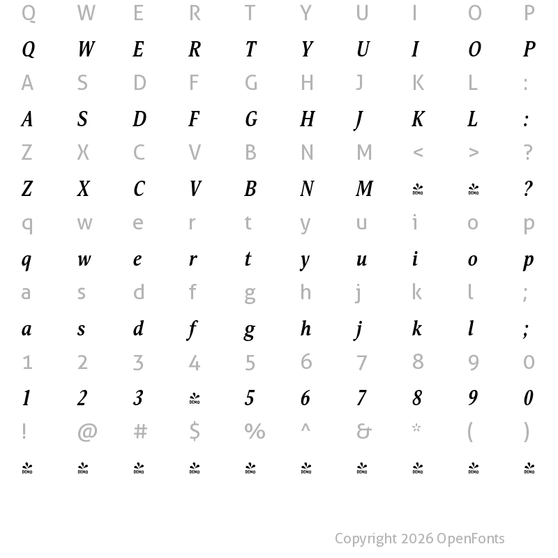 Character Map of FONTSPRING DEMO - Orbi Narrow Bold Italic