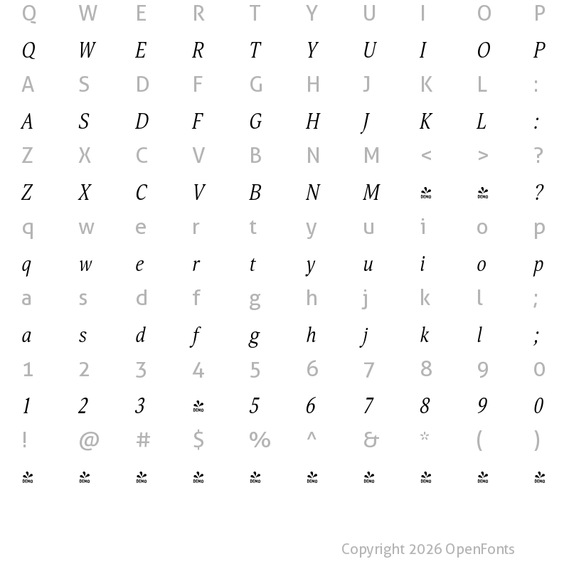 Character Map of FONTSPRING DEMO - Orbi Narrow Italic