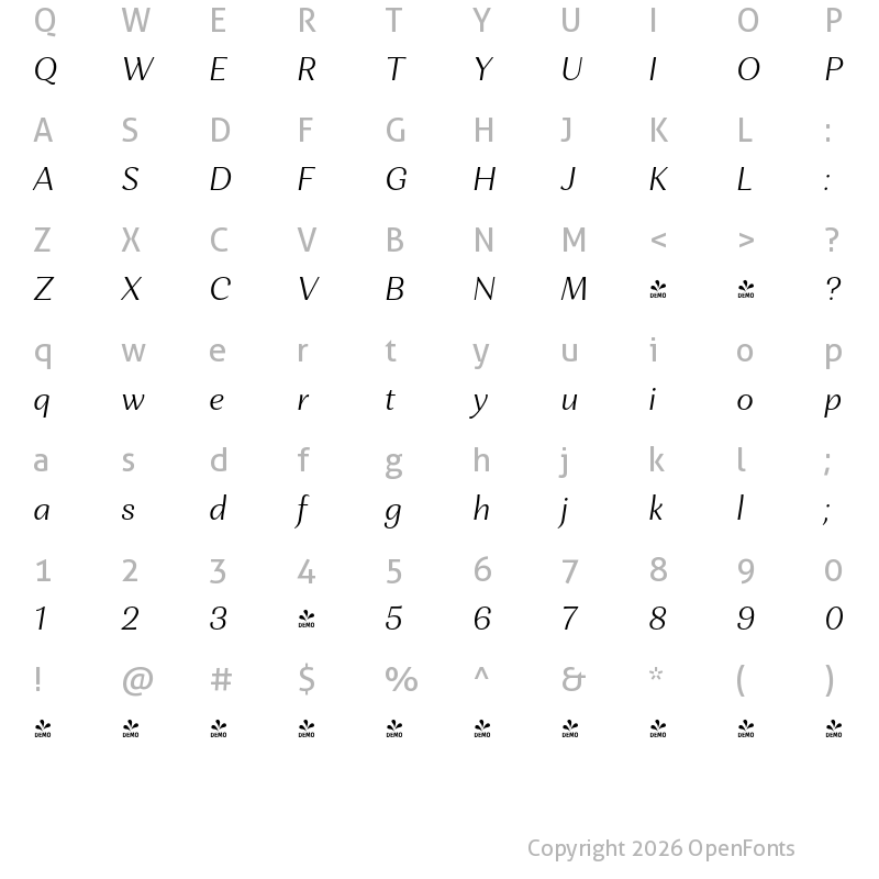 Character Map of FONTSPRING DEMO - Orchidea Pro Lt Italic