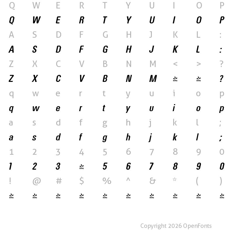 Character Map of FONTSPRING DEMO - Order Rg Bold Italic