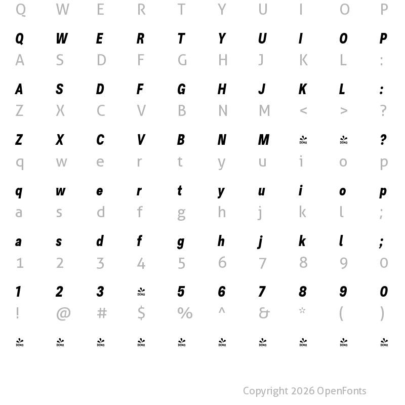 Character Map of FONTSPRING DEMO - Ordina Compressed Extrabold Italic